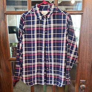 Jachs Girlfriend Womens Navy Purple Plaid Flannel Button Down Shirt Side Pockets